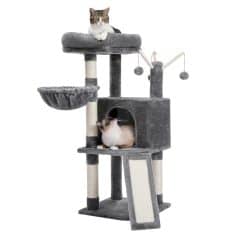 Soft gray multi-level cat tree with cozy hideouts, scratching posts, and dangling toys, ideal for pet cats' entertainment and exercise from Monalisa Medical Store.