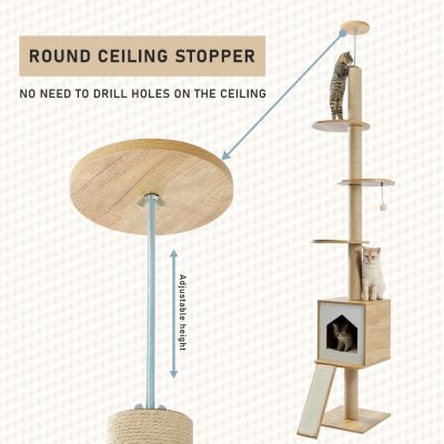 Flexible ceiling cat tree with multiple platforms and enclosed hideout, perfect for indoor cat entertainment and exercise.