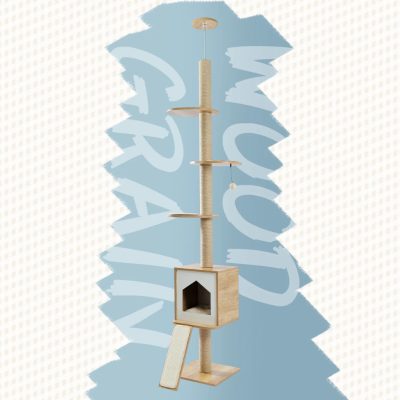 Elegant beige cat tree with multiple platforms, a cozy cubed hideaway, and scratch post for stylish and functional pet furniture. Perfect for playful and relaxing cats.