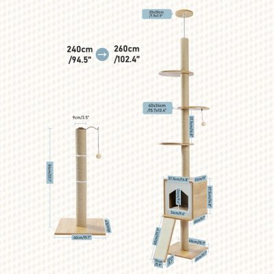 Alt text: Modern cat tree with multiple platforms, scratching posts, and cozy hideouts for pets, featuring sturdy wood and sisal rope for climbing and scratching.