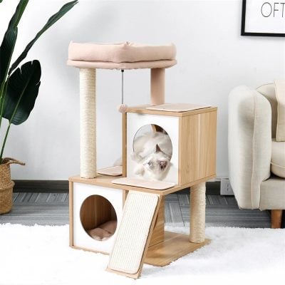 Modern wooden cat tree with sisal scratching post, cozy cubbies, and plush cushions for cats to play, scratch, and relax. Perfect for pet lovers seeking stylish cat furniture for their home.