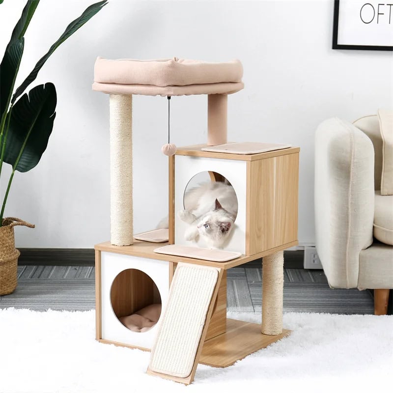 Modern wooden cat tree with sisal scratching post, cozy cubbies, and plush cushions for cats to play, scratch, and relax. Perfect for pet lovers seeking stylish cat furniture for their home.