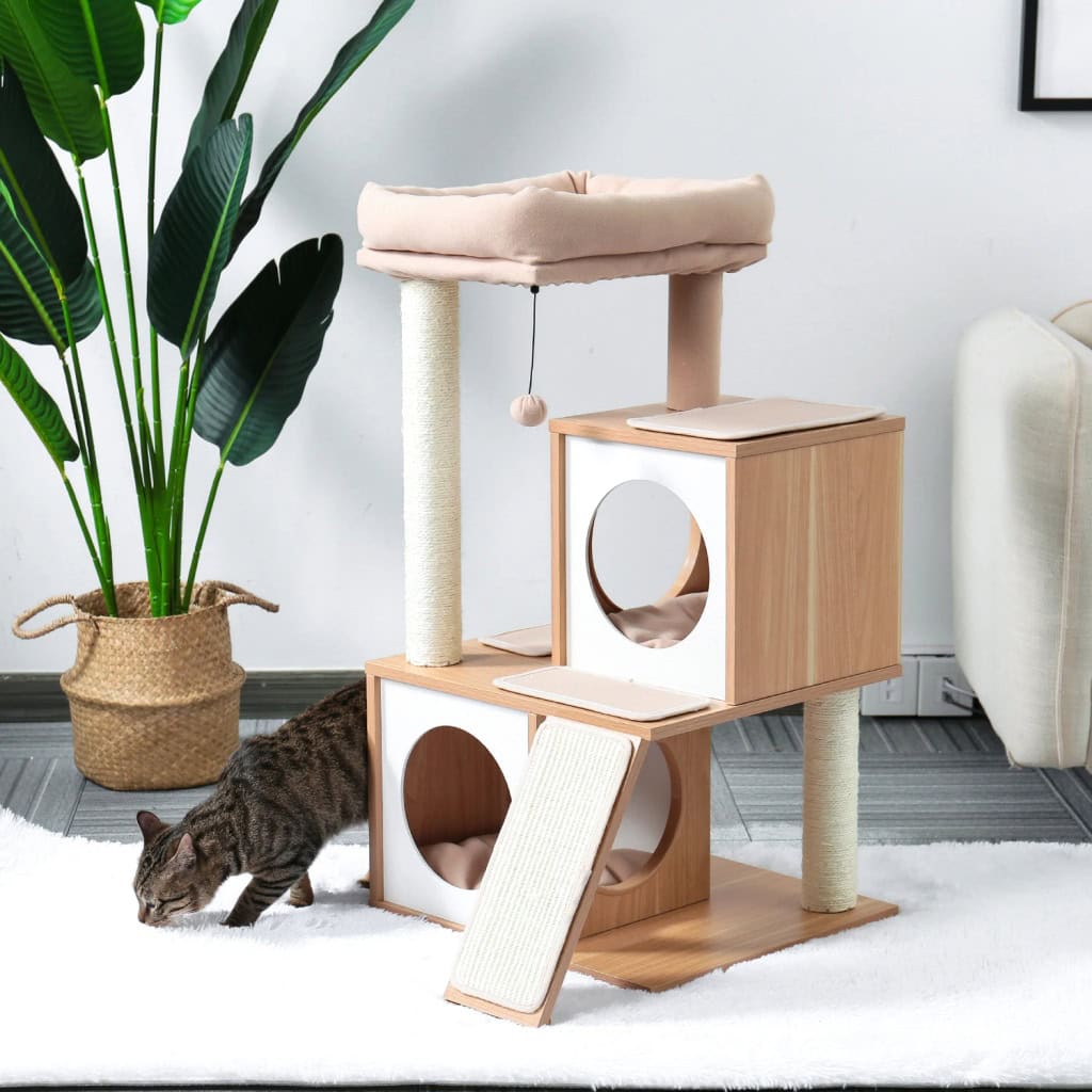 Deluxe multi-level cat tree with scratching posts, cozy perches, and interactive features, perfect for feline play and relaxation at Monalisa Store.
