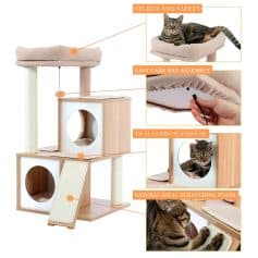 Modern cat tree with multiple levels, scratching posts, and cozy resting spots for feline comfort and entertainment. Featuring natural sisal scratching posts, easy assembly, and durable materials.