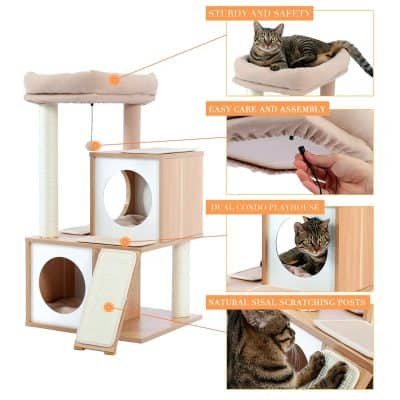 Modern cat tree with multiple levels, scratching posts, and cozy resting spots for feline comfort and entertainment. Featuring natural sisal scratching posts, easy assembly, and durable materials.