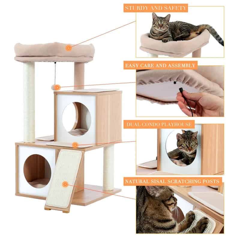 Modern cat tree with multiple levels, scratching posts, and cozy resting spots for feline comfort and entertainment. Featuring natural sisal scratching posts, easy assembly, and durable materials.