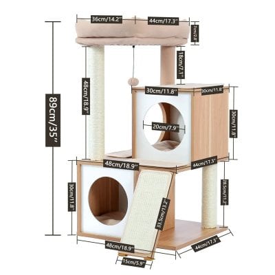 Modern cat tree with multiple levels, sisal scratching posts, cozy hideouts, and sisal ramp for cats to climb, rest, and play, perfect for pet owners seeking durable and stylish cat furniture.