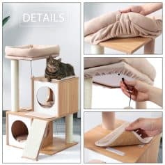 Modern multi-level cat tree with scratching posts, cozy cushions, and interactive features, perfect for pet enrichment and play.