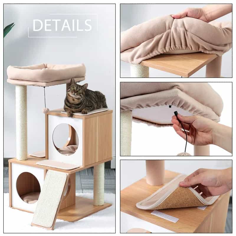 Modern multi-level cat tree with scratching posts, cozy cushions, and interactive features, perfect for pet enrichment and play.