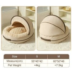 Cozy pet cat cave bed with plush lining, perfect for small cats and kittens, providing comfort and warmth in neutral beige color.