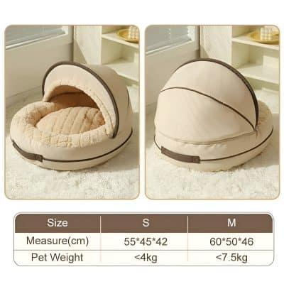 Cozy pet cat cave bed with plush lining, perfect for small cats and kittens, providing comfort and warmth in neutral beige color.