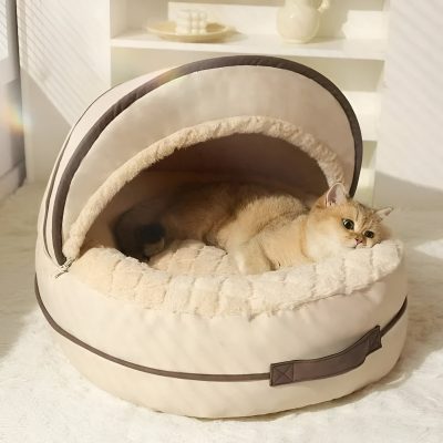 Soft plush pet bed with a cozy enclosed design, perfect for cats or small dogs to relax comfortably; featured by Monalisa Store.
