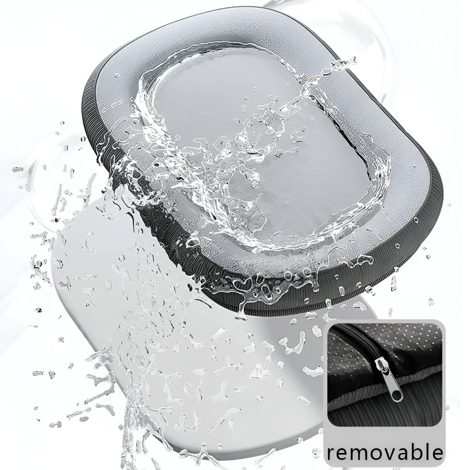 Water-resistant wireless earbuds case with removable zipper, sleek black design, splash of water, portable and durable for daily use, perfect for fitness and outdoor activities.