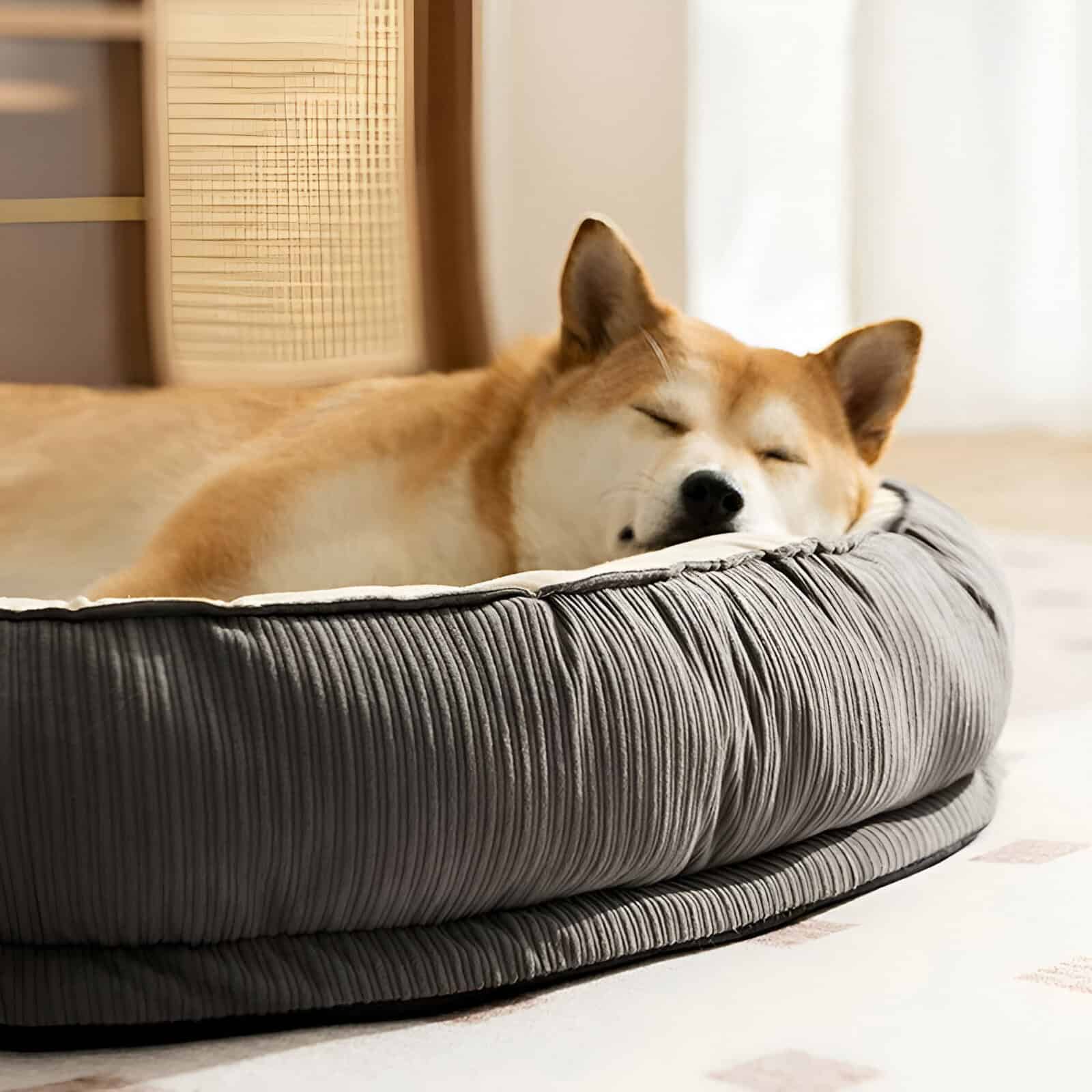 Comfortable resting dog in a pet bed, showcasing cozy pet accessories and comfort for dogs, ideal for pet owners seeking quality pet beds and accessories for their furry friends.