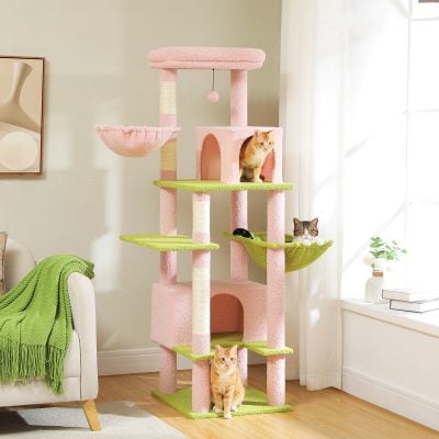 Colorful multi-level cat tree with pink and green platforms, cozy hideouts, and scratching posts for indoor feline play and activity. Perfect for pet owners seeking quality cat furniture.