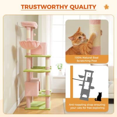 Luxury pink and green cat tree with multiple platforms and cozy hideouts, ideal for cats to scratch, perch, and explore, from Monalisa Store.