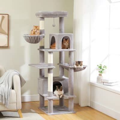 Luxurious grey multi-level cat tree with cozy hideouts, perches, and scratching posts for cats, perfect for play and relaxation. Ideal for pet owners seeking stylish and functional feline furniture.