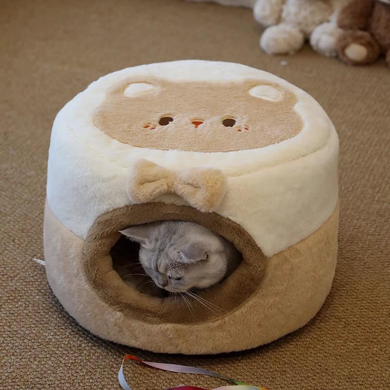 Fluffy cat bed with cat sleeping inside, cozy pet furniture for cats, adorable cat house, plush cat condo, Monalisa Store pet accessories for comfort and style.
