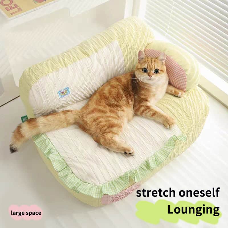 Stretch oneself lounging cat on cozy pet sofa, spacious and comfortable cat furniture, ideal for relaxation and naps, suitable for indoor pets, soft cushioning, pet-friendly design, ideal for cats of all sizes.