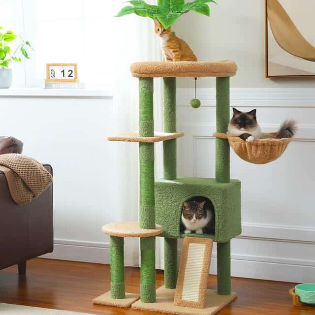 Multilevel cat tree with scratching posts, cozy hammocks, and lounging cats in a stylish home environment, ideal for pet owners seeking durable and fun cat furniture from Monalisa Store.