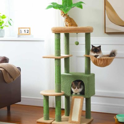 Cat tree and play tower with multiple perches, cozy cubby, and hanging basket, perfect for cats to climb, scratch, and relax in a stylish living room. Features green and beige scratch posts, designed for feline fun.