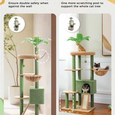 Stylish multi-level cat tree with scratching posts, cozy beds, and leafy design, perfect for cats to play, rest, and stay active inside your home.