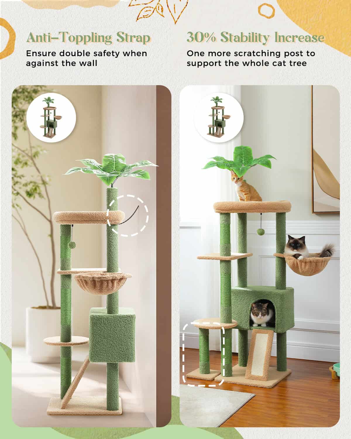 Stylish multi-level cat tree with scratching posts, cozy beds, and leafy design, perfect for cats to play, rest, and stay active inside your home.