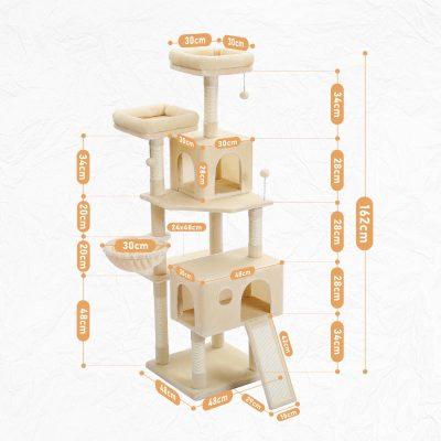 High-quality beige cat tree with multiple platforms, scratching posts, and cozy spaces for cats to climb, play, and relax, perfect for pet owners seeking durable feline furniture.