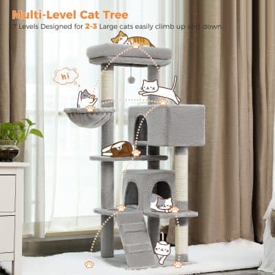 Colorful multi-level cat tree with cozy platforms, enclosed hideouts, and scratching posts designed for large cats to climb and relax. Perfect for keeping your feline entertained and active indoors.