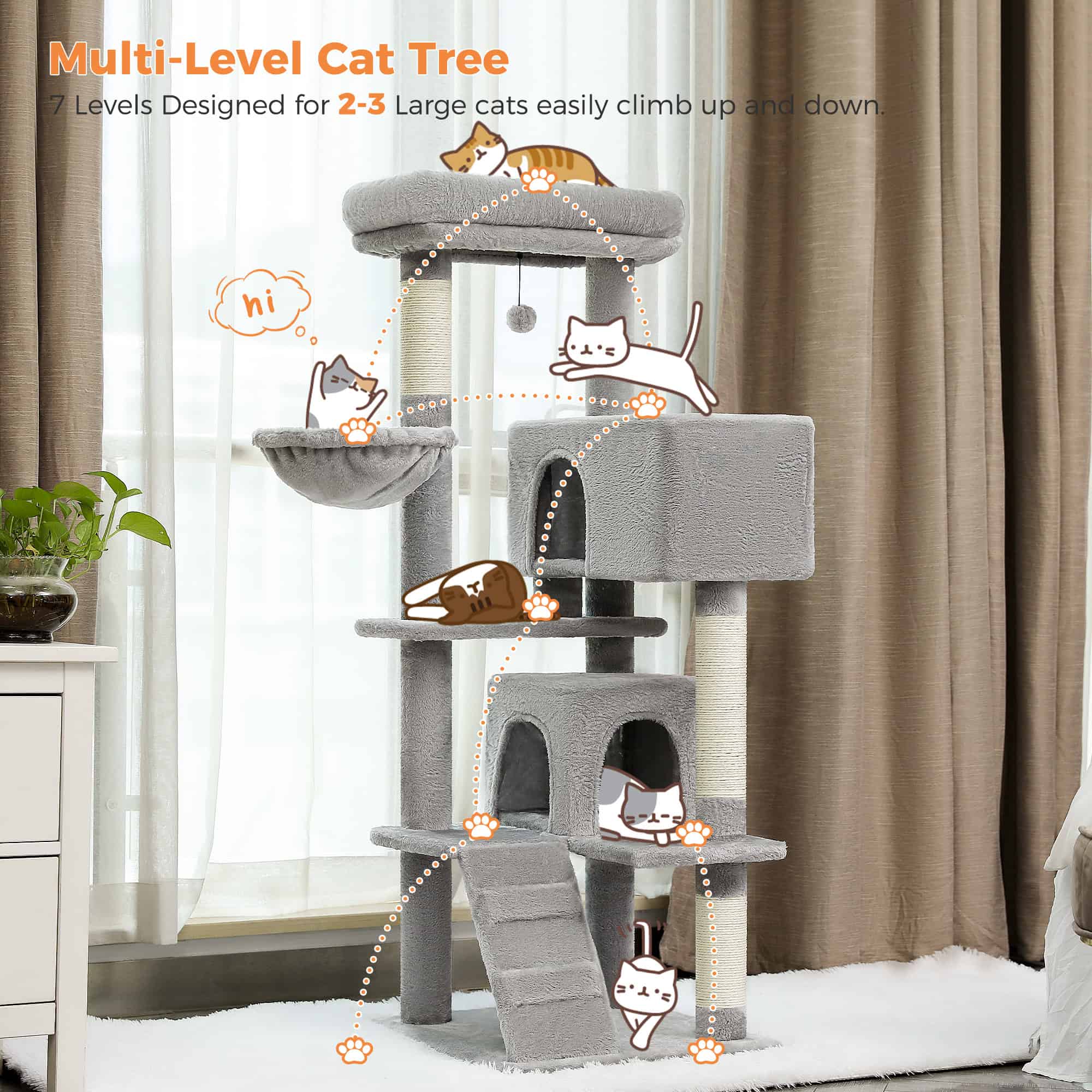 Colorful multi-level cat tree with cozy platforms, enclosed hideouts, and scratching posts designed for large cats to climb and relax. Perfect for keeping your feline entertained and active indoors.