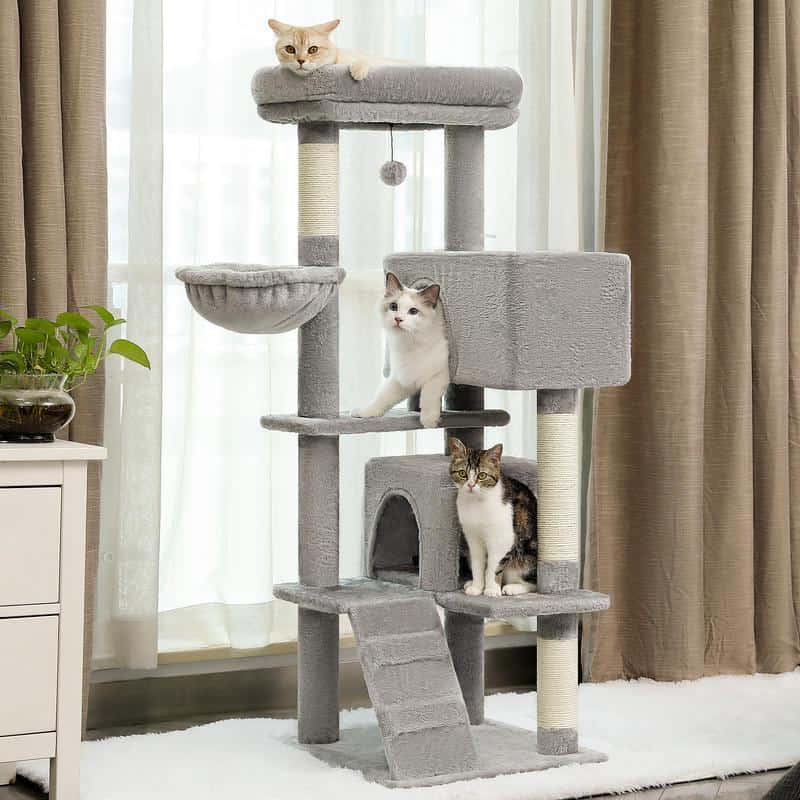 Luxury gray cat tree with multiple perches, condos, and scratching posts for indoor cats at Monalisa Store.