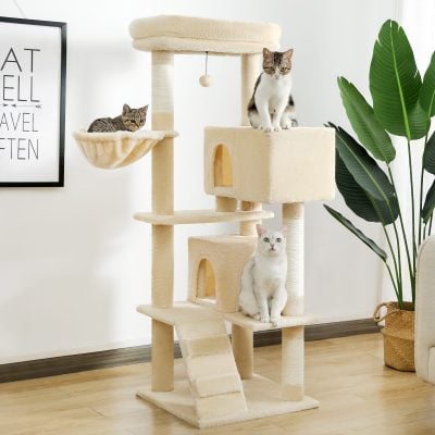 Fluffy beige multi-level cat tree with sisal scratching posts, cozy hideouts, and platforms, perfect for cats to play, scratch, and relax indoors.