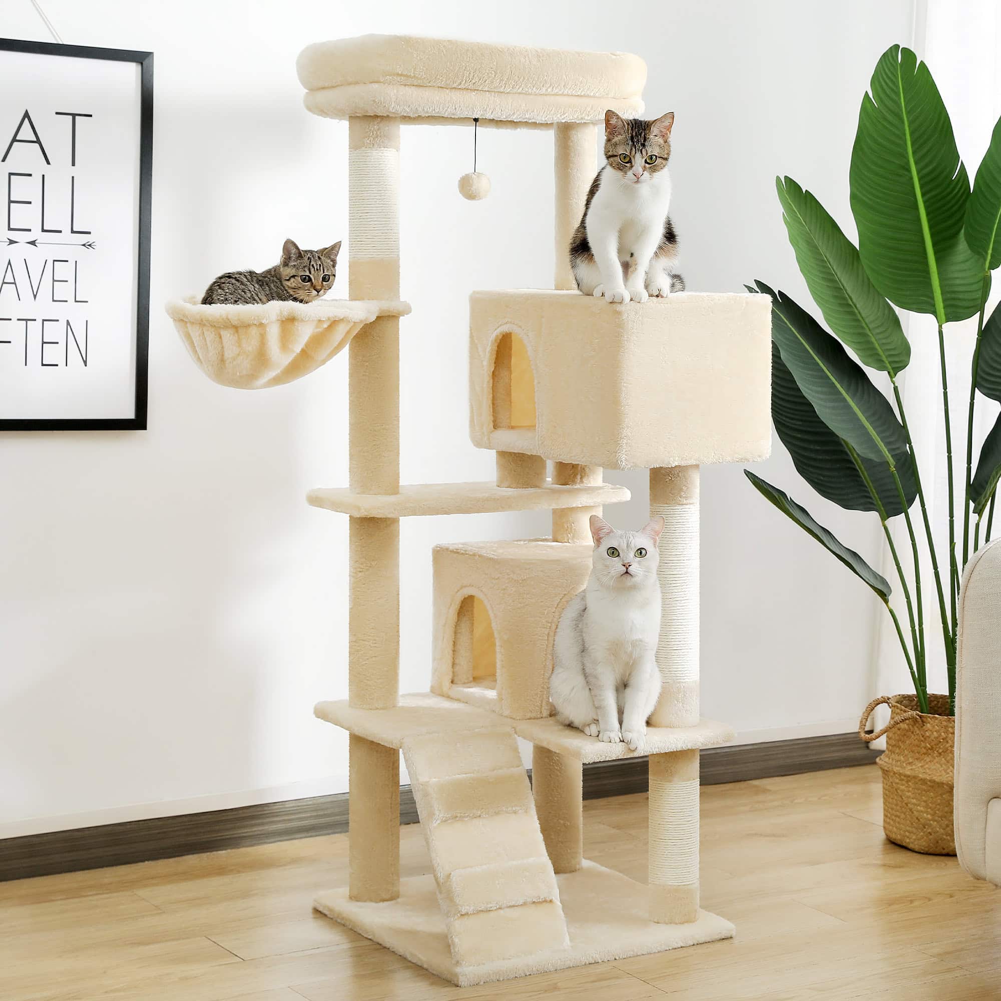 Fluffy beige multi-level cat tree with sisal scratching posts, cozy hideouts, and platforms, perfect for cats to play, scratch, and relax indoors.