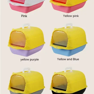 Colorful cat litter box options in pink, yellow pink, yellow purple, yellow and blue, yellow gray, and yellow black for optimal pet hygiene and design.