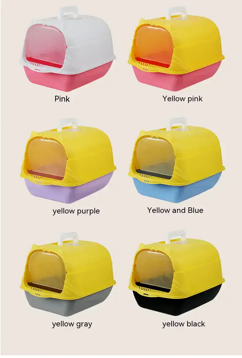 Colorful cat litter box options in pink, yellow pink, yellow purple, yellow and blue, yellow gray, and yellow black for optimal pet hygiene and design.