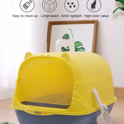 Colorful cat litter box with flip lid, large enclosed space, anti-splash design, easy to clean, and high-quality material for pet hygiene and sanitation.