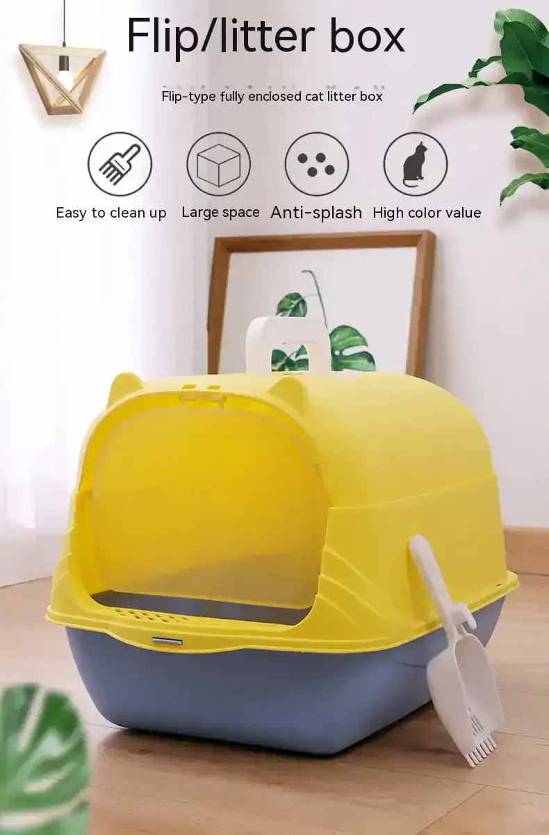 Colorful cat litter box with flip lid, large enclosed space, anti-splash design, easy to clean, and high-quality material for pet hygiene and sanitation.