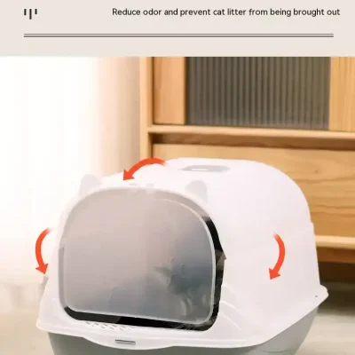 Automatic self-cleaning enclosed cat litter box with odor proof design for odor control and hygiene.