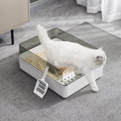 Self-cleaning cat litter box with lid and scoop, modern pet hygiene solution, ideal for cats, easy to use, odor control, stylish design, pet accessories.