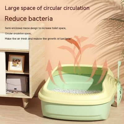 A semi-enclosed, circular circulation cat litter box with a beige and green design, promoting airflow and reducing bacteria growth for improved hygiene.