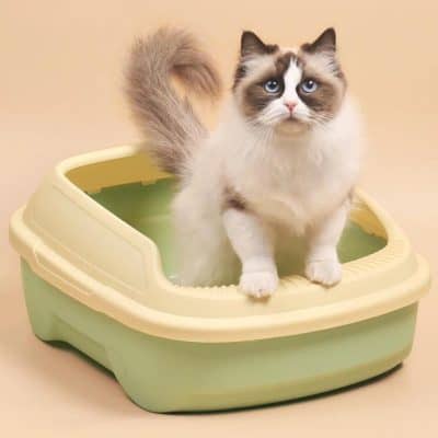 Cat using a litter box, close-up of a fluffy cat with blue eyes standing in a beige and green litter box, domestic cat care, clean and comfortable cat toilet, Monalisa Store pet supplies.