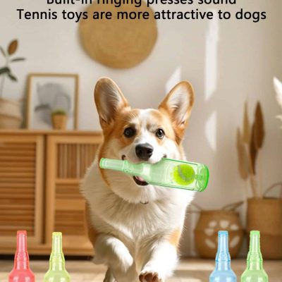 Bright dog toy bottles for pet play and entertainment, featuring built-in sound and realistic tennis ball design, ideal for dogs' engagement and exercise.