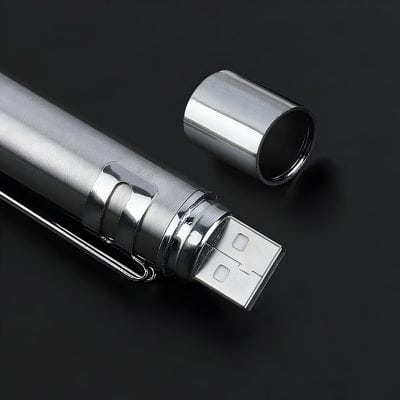 USB flash drive with metallic body and cap on black background.