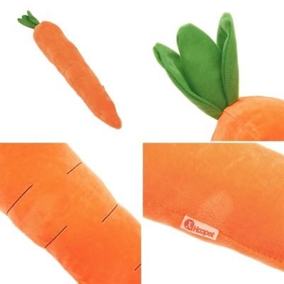 Soft plush carrot toy with green leafy top, perfect for kids and pets, made by Hoppet. Bright orange, cuddly, and safe, ideal for sensory play and imaginative fun.