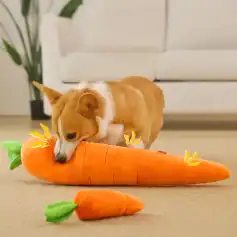 Plush carrot toy with a adorable dog playing, stimulating pet engagement and fun. Perfect for pet enrichment and training, colorful and soft, ideal for dogs of all sizes.