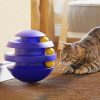 Ball interactive toy for cats on wooden floor with curious Bengal cat.