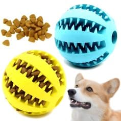 Chew toys for dogs with food dispensing ball, durable pet enrichment toy, interactive dog puzzle, mental stimulation, and dental health for playful dogs.