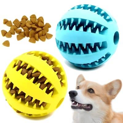 Chew toys for dogs with food dispensing ball, durable pet enrichment toy, interactive dog puzzle, mental stimulation, and dental health for playful dogs.