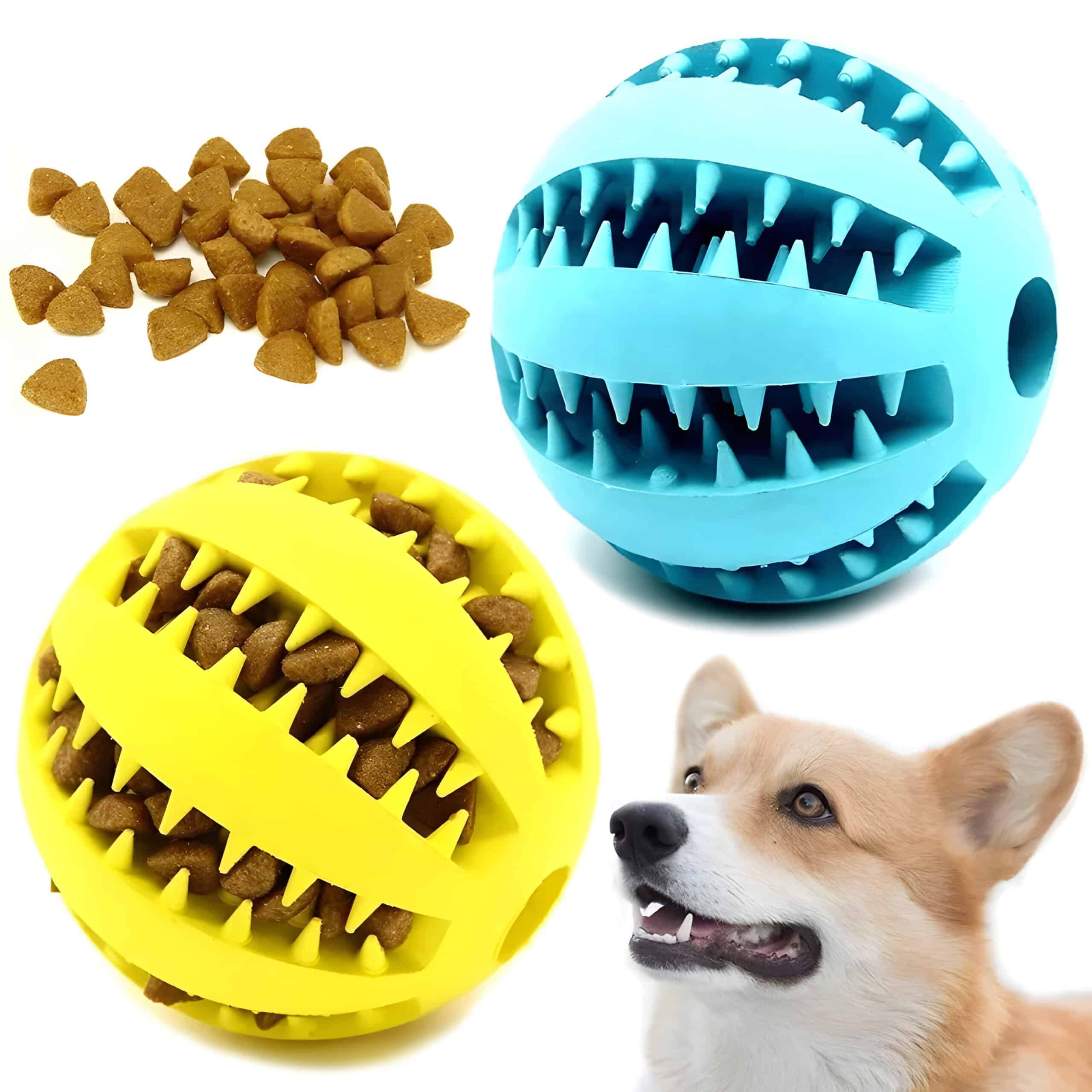 Chew toys for dogs with food dispensing ball, durable pet enrichment toy, interactive dog puzzle, mental stimulation, and dental health for playful dogs.