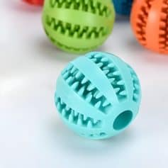 Rubber dog toy ball with textured spikes in blue, designed for chewing and dental health; colorful, durable pet toy for dogs from Monalisa Store.